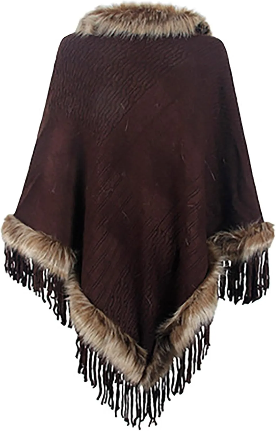 Womens Winter Coats Poncho Cape, Faux Fur Trim Knitted Cardigan Elegant Fringe Sweaters Shawl Striped Loose Fit Scarf