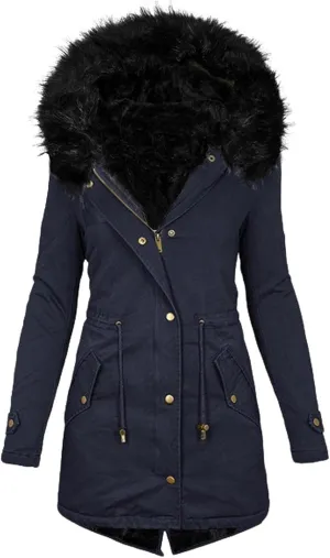 Womens Winter Coats Zipper Warm Quilted Puffer Jacket Long Fleece Lined Thicken Parka Outerwear with Fur Hood