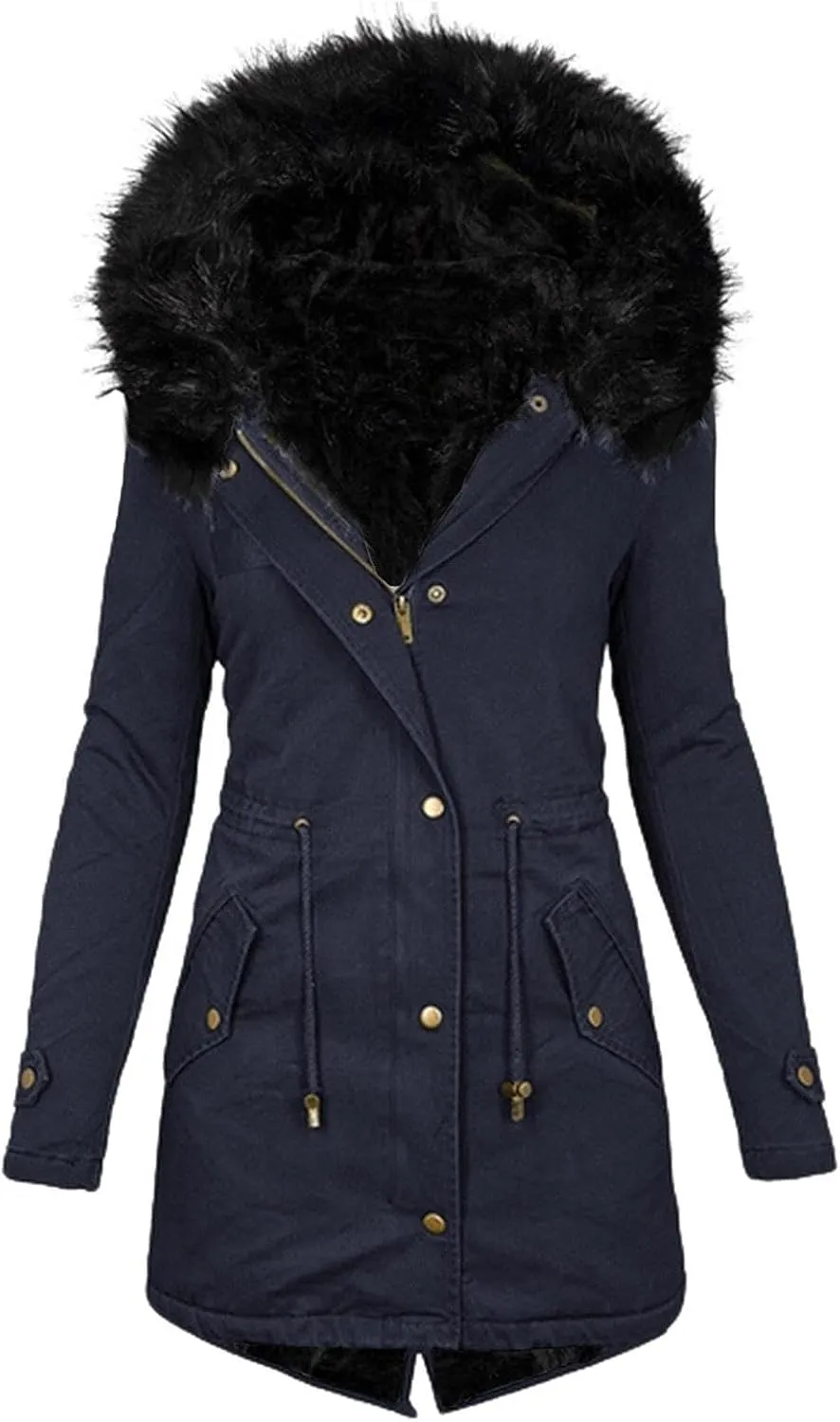 Womens Winter Coats Zipper Warm Quilted Puffer Jacket Long Fleece Lined Thicken Parka Outerwear with Fur Hood