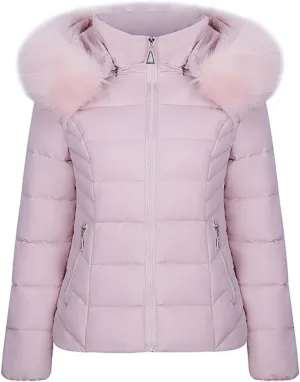 Women's Winter Puffer Jackets Warm Cotton Jacket with Furry Hood Down Zipper Overcoat Thicken Quilted Outer