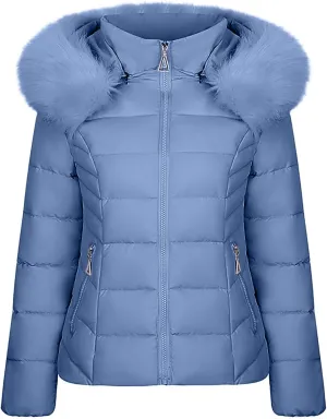 Women's Winter Puffer Jackets Warm Cotton Jacket with Furry Hood Down Zipper Overcoat Thicken Quilted Outer