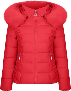 Women's Winter Puffer Jackets Warm Cotton Jacket with Furry Hood Down Zipper Overcoat Thicken Quilted Outer