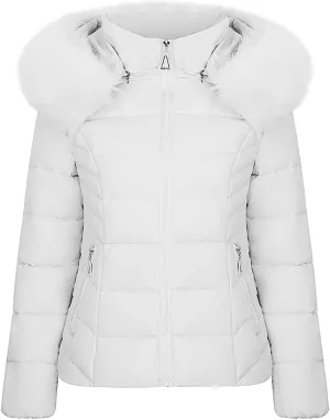 Women's Winter Puffer Jackets Warm Cotton Jacket with Furry Hood Down Zipper Overcoat Thicken Quilted Outer