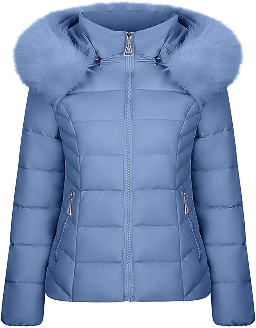 Women's Winter Puffer Jackets Warm Cotton Jacket with Furry Hood Down Zipper Overcoat Thicken Quilted Outer