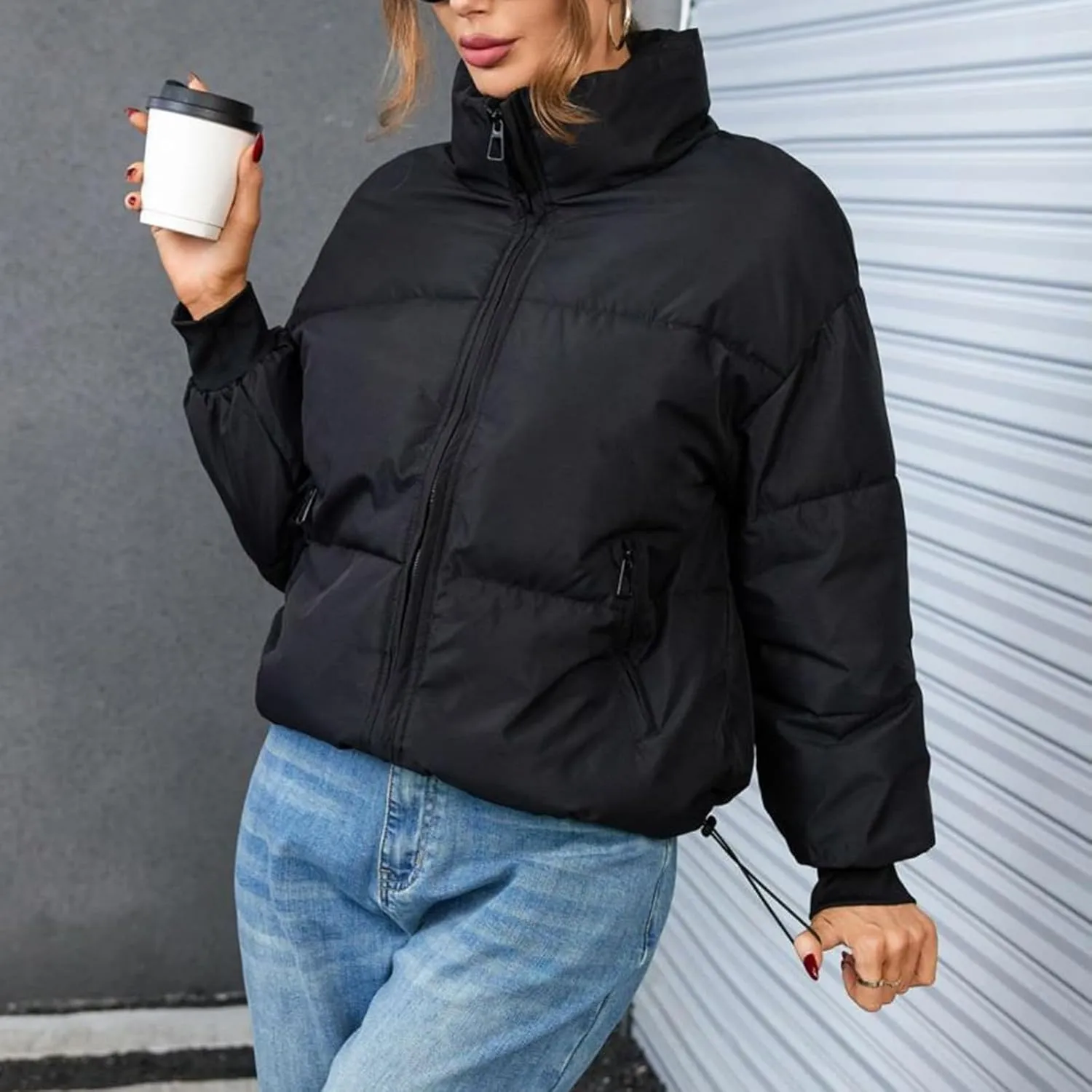 Women's Winter Quilted Jackets Full Zip Long Sleeve Puffer Jackets Short Quilted Warm Puffer Down Coats with Pockets