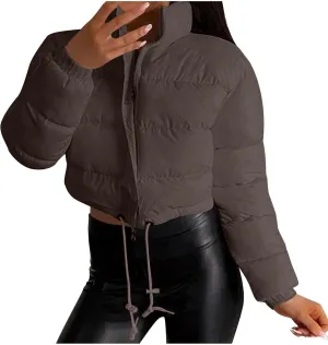 Womens Winter Short Coats Turtleneck Puffer Jackets Sexy Crop Casual Solid Color Padded Wadded Down Coat Top