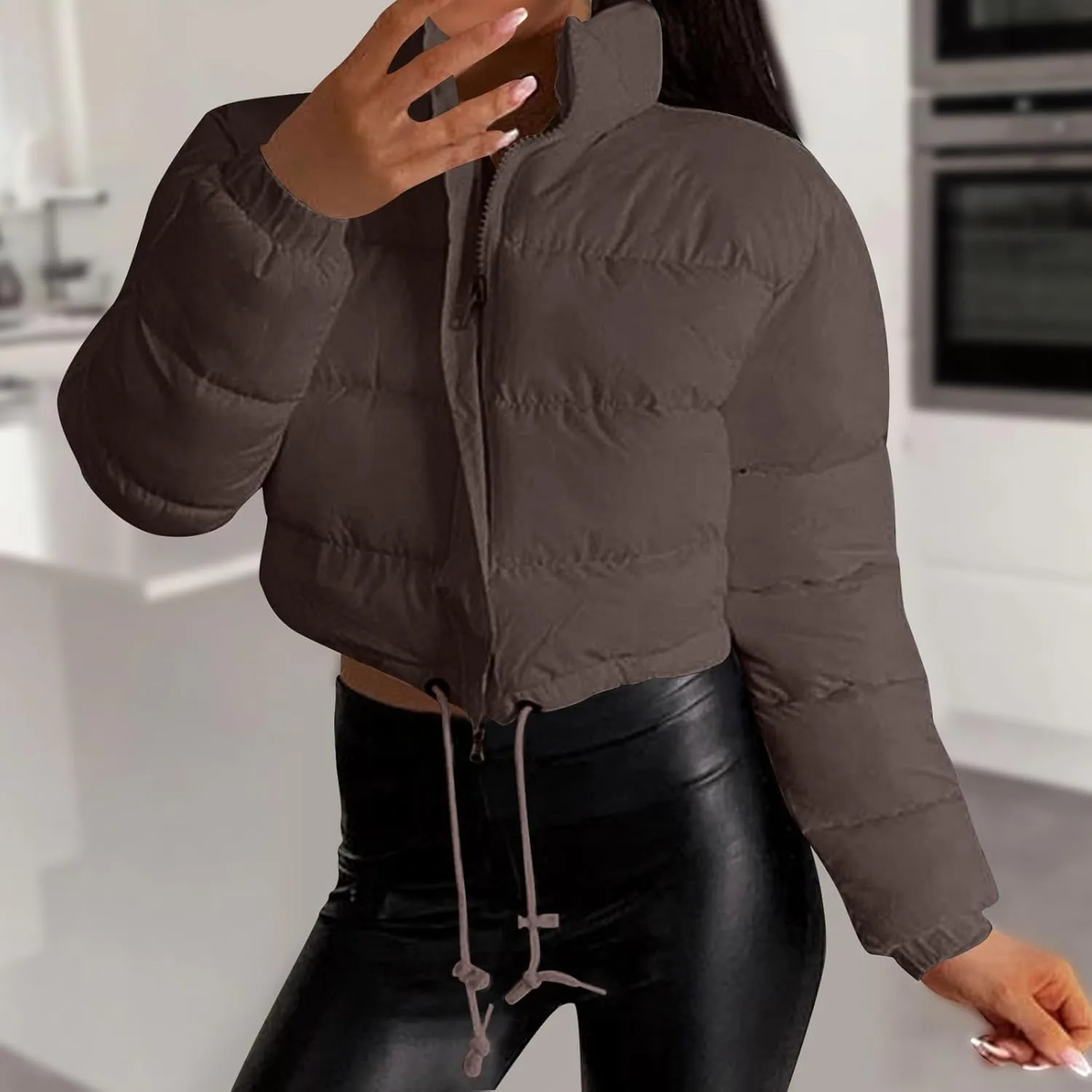 Womens Winter Short Coats Turtleneck Puffer Jackets Sexy Crop Casual Solid Color Padded Wadded Down Coat Top