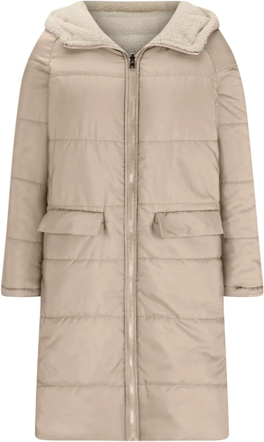 Womens Winter Thicken Military Parka Jacket Warm Teddy Fleece Cotton Coat Full Zip Quilted Jackets Anoraks Outerwear