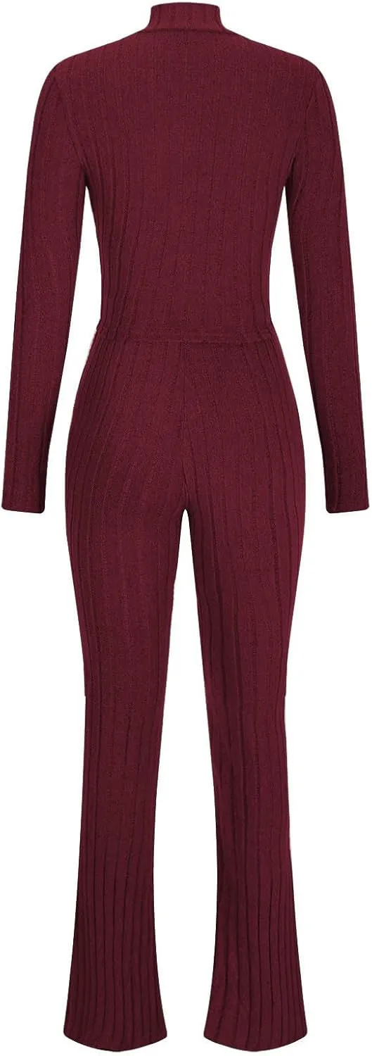 Women's Yoga Knit Pit Strip 2 Piece Outfit Fashion High Collar Slim Cropped Tops and Bell Pants Lounge Set