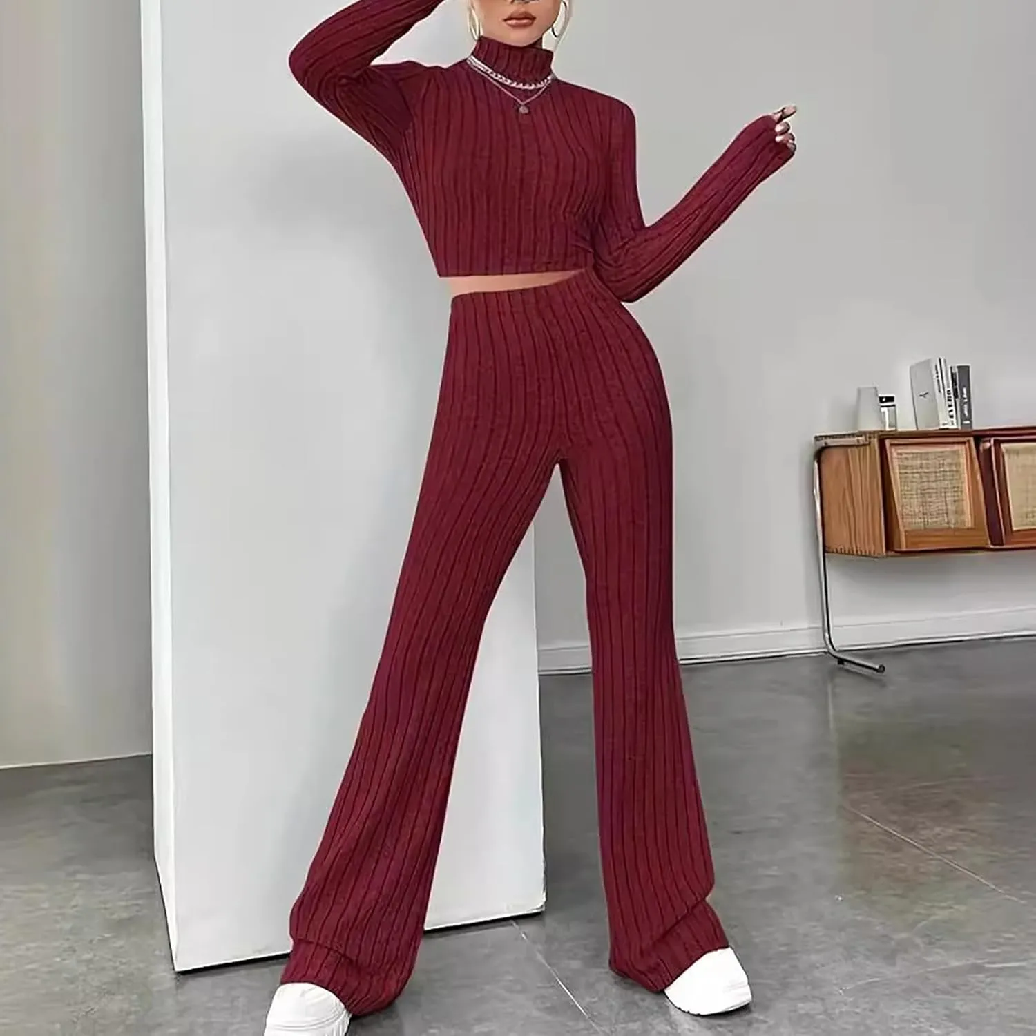 Women's Yoga Knit Pit Strip 2 Piece Outfit Fashion High Collar Slim Cropped Tops and Bell Pants Lounge Set