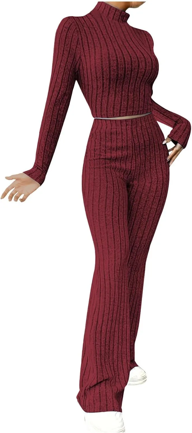 Women's Yoga Knit Pit Strip 2 Piece Outfit Fashion High Collar Slim Cropped Tops and Bell Pants Lounge Set
