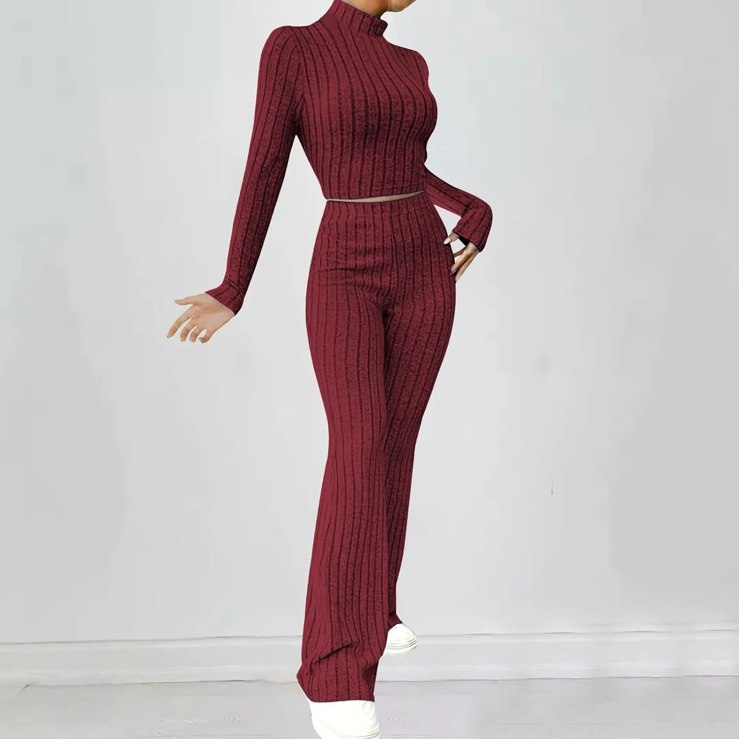 Women's Yoga Knit Pit Strip 2 Piece Outfit Fashion High Collar Slim Cropped Tops and Bell Pants Lounge Set