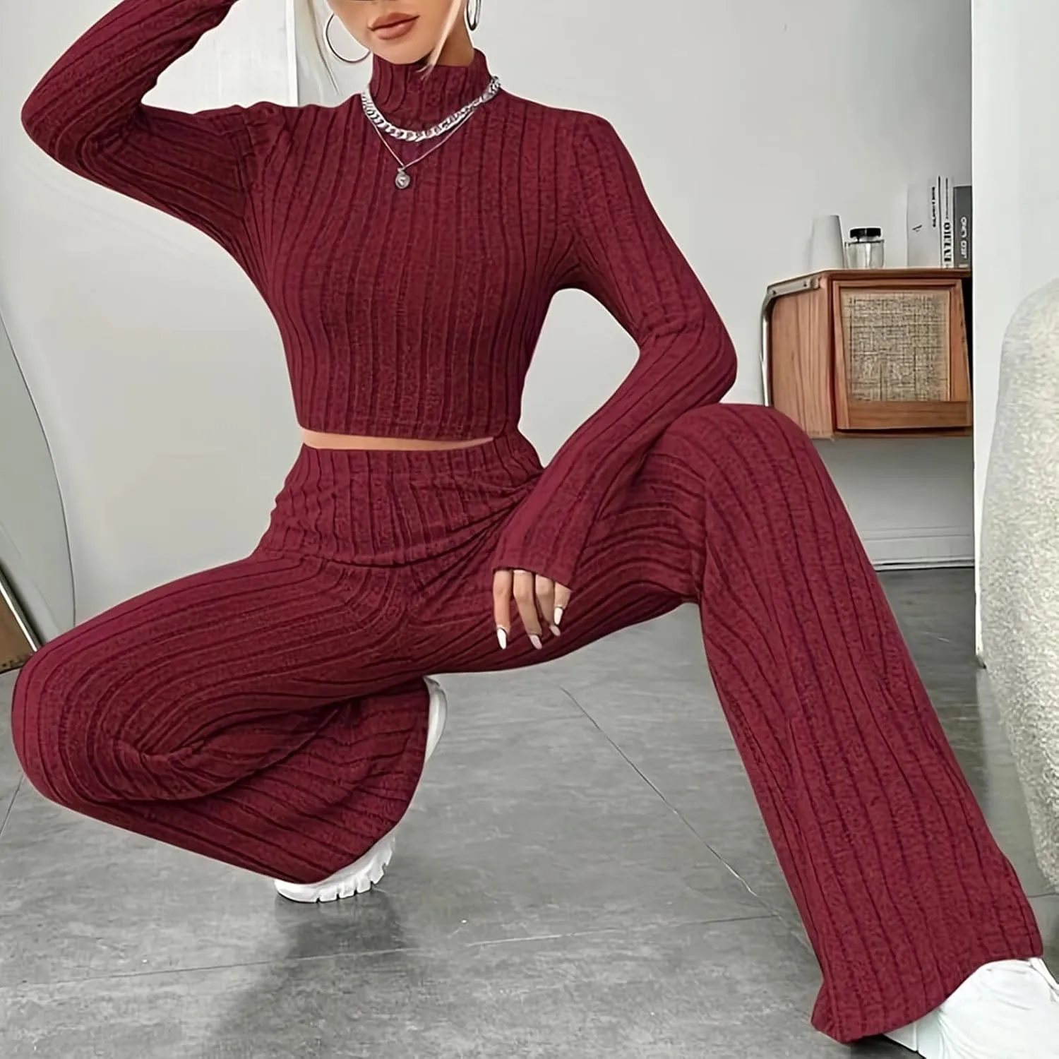 Women's Yoga Knit Pit Strip 2 Piece Outfit Fashion High Collar Slim Cropped Tops and Bell Pants Lounge Set