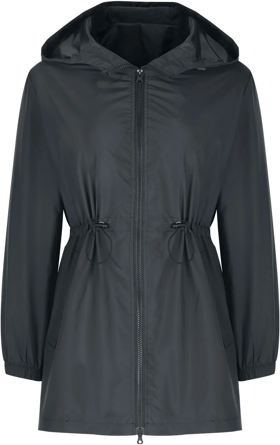 Women's Zip Up Hooded Outdoor Jackets Waisted Rain Jacket Overcoat Solid Color Windbreaker Hiking Coats