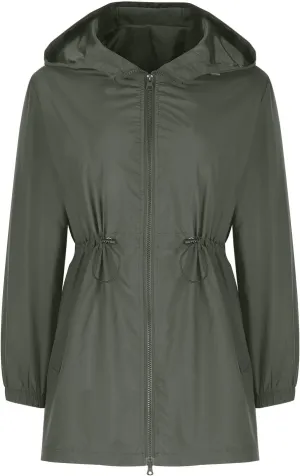 Women's Zip Up Hooded Outdoor Jackets Waisted Rain Jacket Overcoat Solid Color Windbreaker Hiking Coats