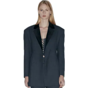 Wool Blend Broad-Shouldered Blazer In Dark Gray