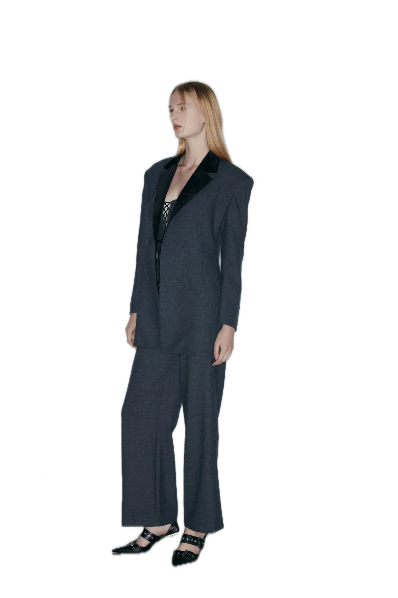 Wool Blend Broad-Shouldered Blazer In Dark Gray
