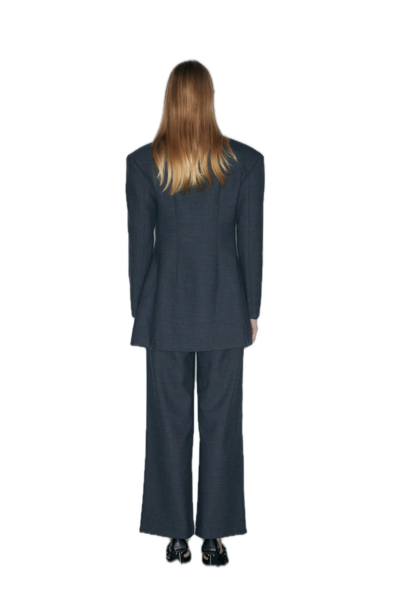 Wool Blend Broad-Shouldered Blazer In Dark Gray