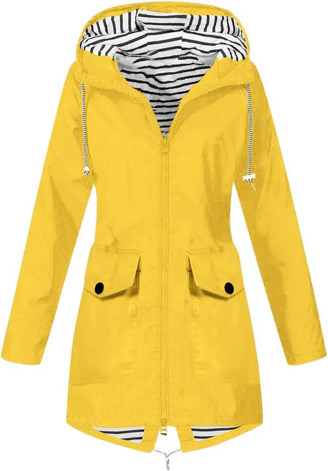 XUETON Womens Autumn Winter Hooded Raincoat Breathable Waterproof Hiking Travel Camp Zipper Windbreaker Travel Jacket Yellow