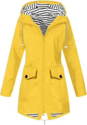 XUETON Womens Autumn Winter Hooded Raincoat Breathable Waterproof Hiking Travel Camp Zipper Windbreaker Travel Jacket Yellow