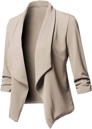 XUETON Womens Casual Blazers Jacket Lapel Lightweight Open Front Stretch Work Office Loose Ruched Cardigan Draped Suit Jacket(Khaki,X-Large)