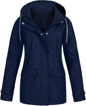 XUETON Womens Oversized Rain Jackets Waterproof Lightweight Hooded Raincoat for Hiking Travel Camp Active Outdoor Windbreaker(Navy,Small)