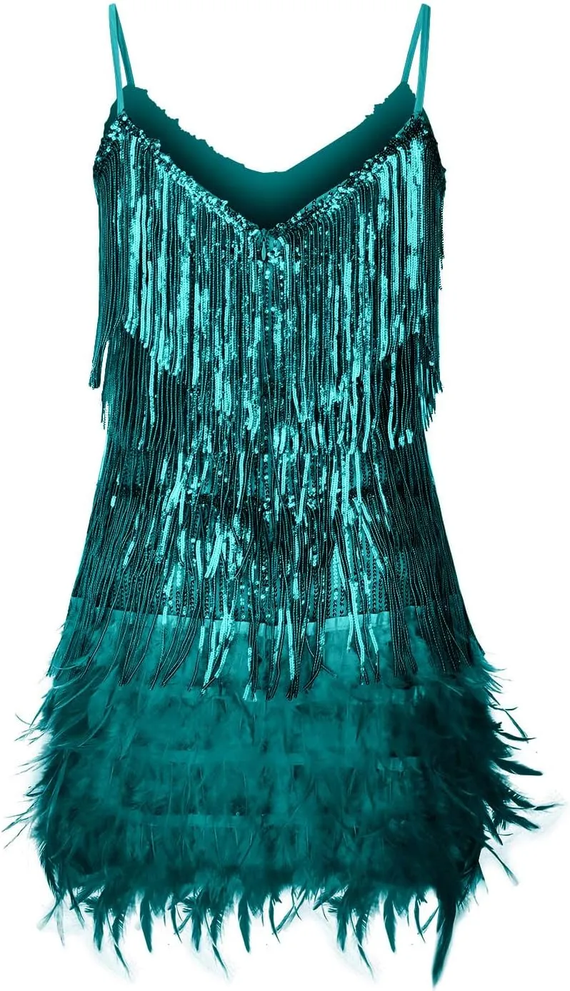 XUNRYAN Women's Sequin Dresses Sexy Bodycon Fringe Tassel Mini Cami Dress Sleeveless Spaghetti Straps Evening Party Dress