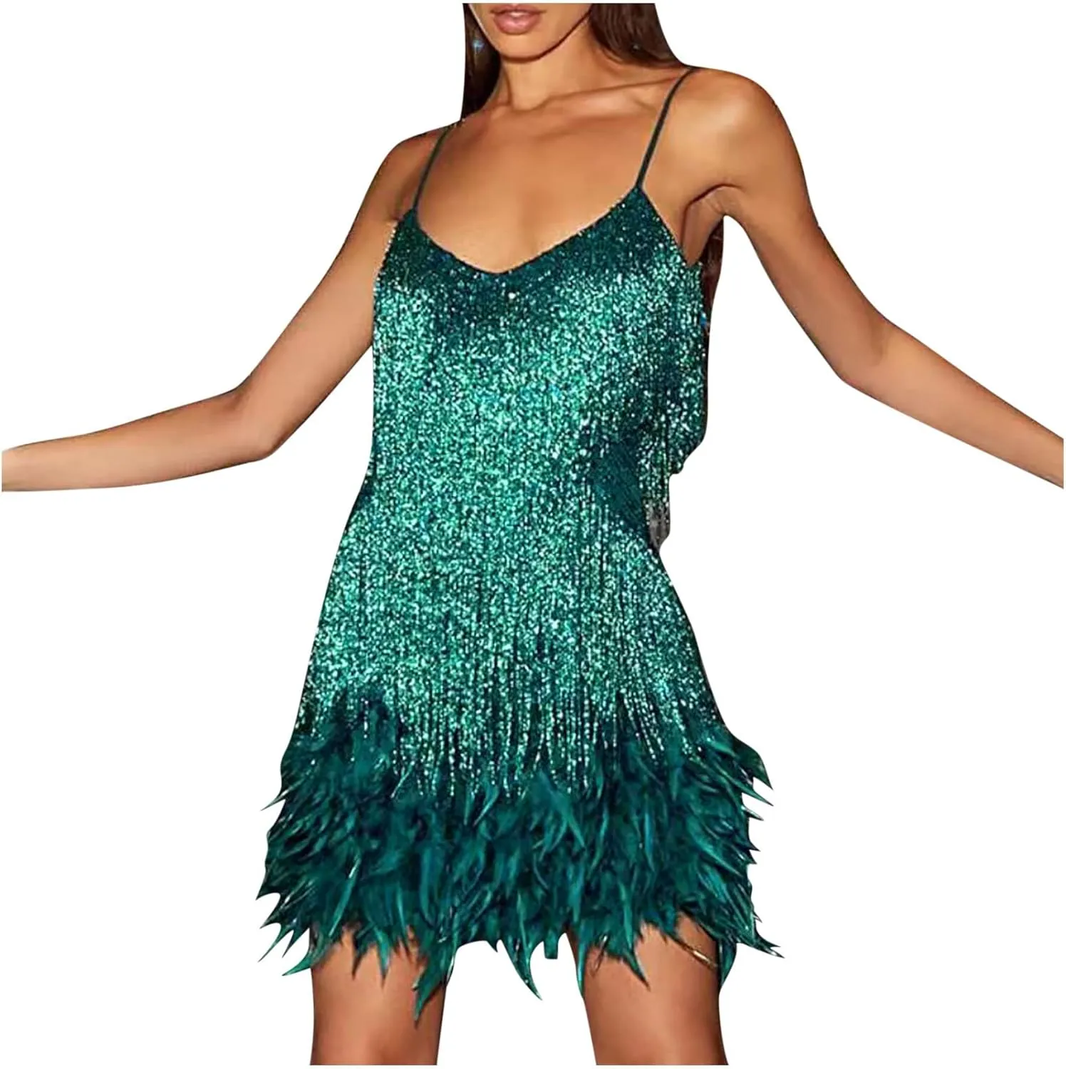XUNRYAN Women's Sequin Dresses Sexy Bodycon Fringe Tassel Mini Cami Dress Sleeveless Spaghetti Straps Evening Party Dress