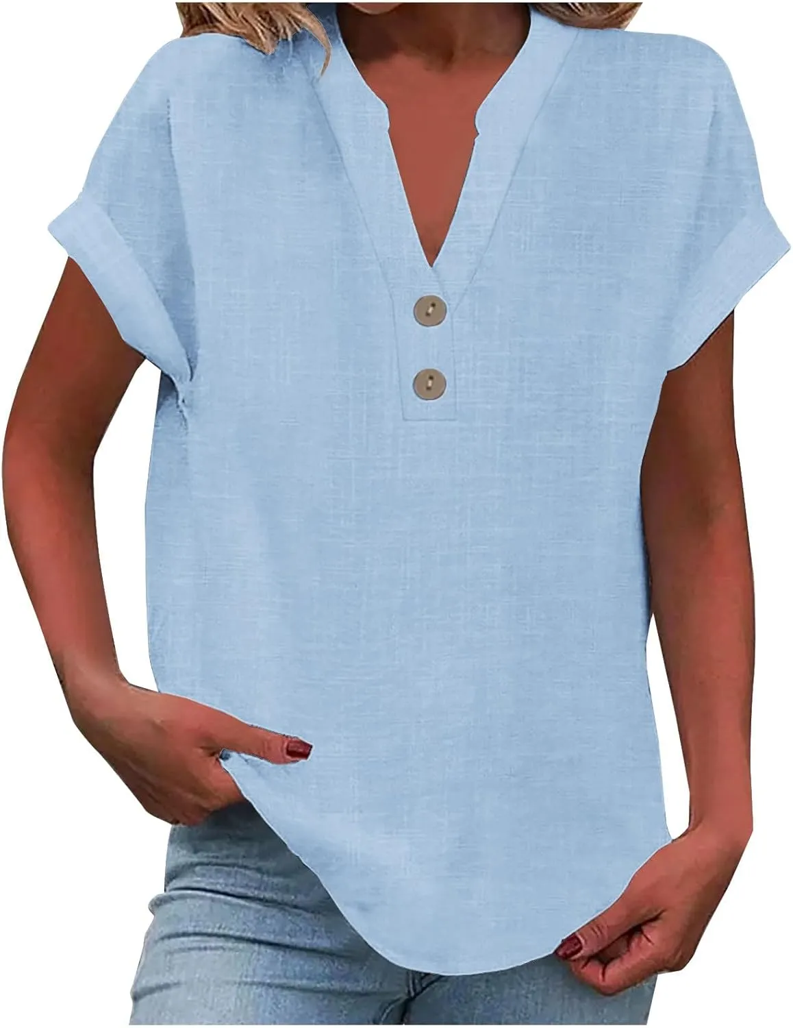 yardsong V Neck Tops for Women Cotton Linen Button Up Short Sleeve Shirts Summer Casual Loose Fit Beach Blouses Tees