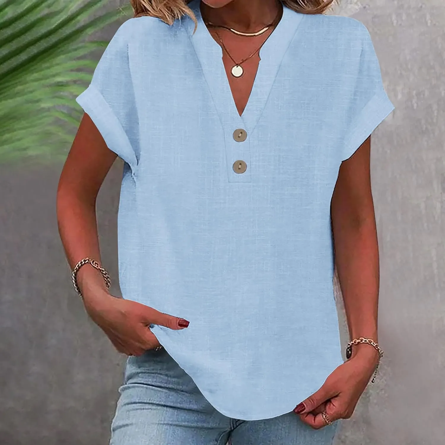yardsong V Neck Tops for Women Cotton Linen Button Up Short Sleeve Shirts Summer Casual Loose Fit Beach Blouses Tees