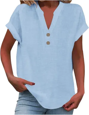 yardsong V Neck Tops for Women Cotton Linen Button Up Short Sleeve Shirts Summer Casual Loose Fit Beach Blouses Tees