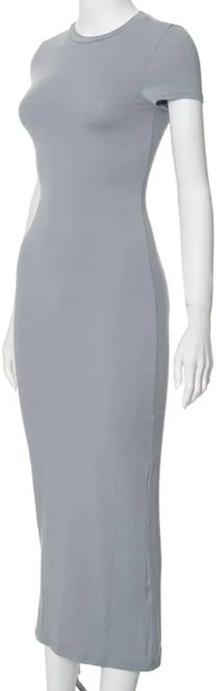 YOXUA Women's Casual Summer Maxi Dress,Crew Neck Short Sleeve Elegant Club Evening Party Cocktail Formal Bodycon Long Dresses