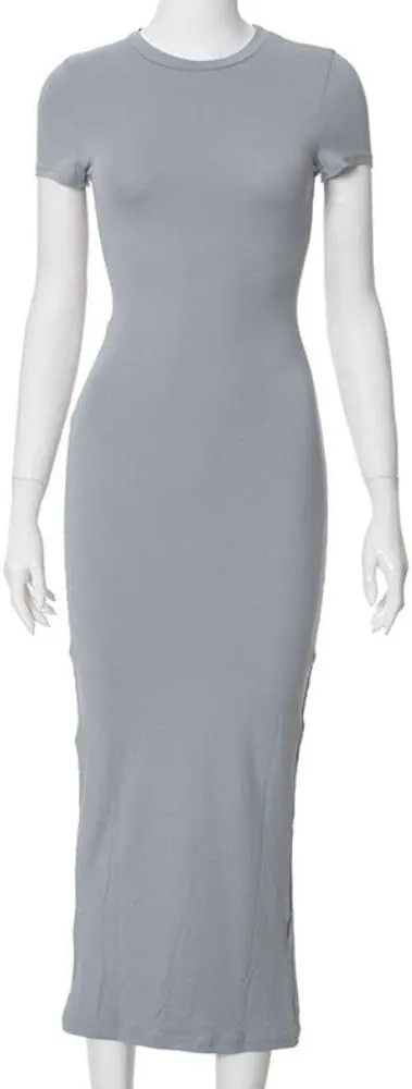 YOXUA Women's Casual Summer Maxi Dress,Crew Neck Short Sleeve Elegant Club Evening Party Cocktail Formal Bodycon Long Dresses