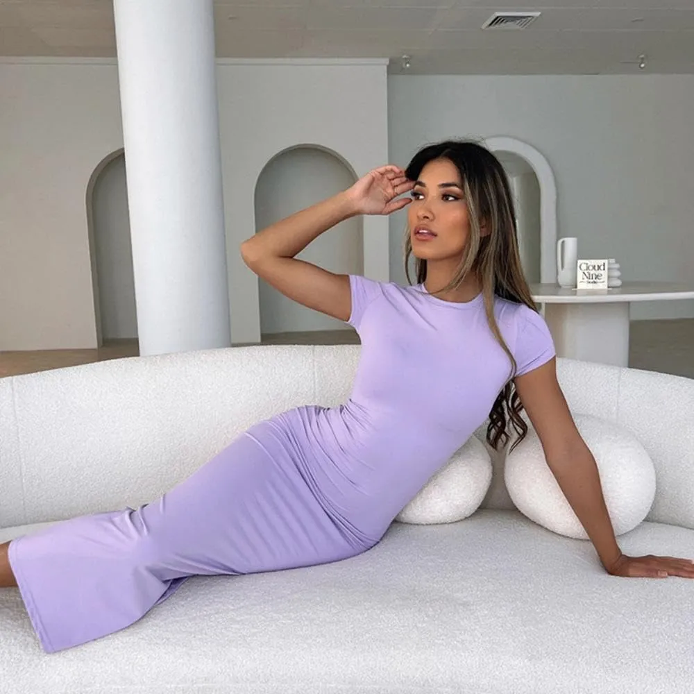 YOXUA Women's Casual Summer Maxi Dress,Crew Neck Short Sleeve Elegant Club Evening Party Cocktail Formal Bodycon Long Dresses