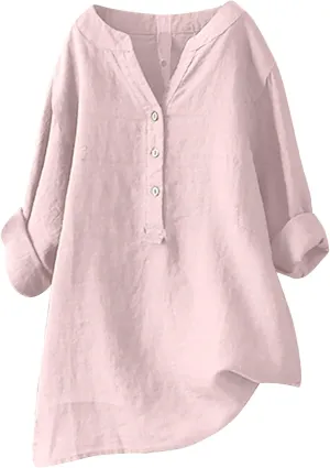 YZHM Womens Long Sleeve Blouses Cotton Linen Plus Size Tops V Neck Button Down Shirts Loose Tunic Tops Solid Trendy Tshirts
