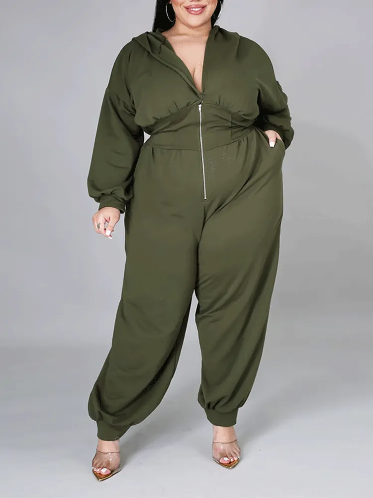 Zipper Solid Hoodie Jumpsuit