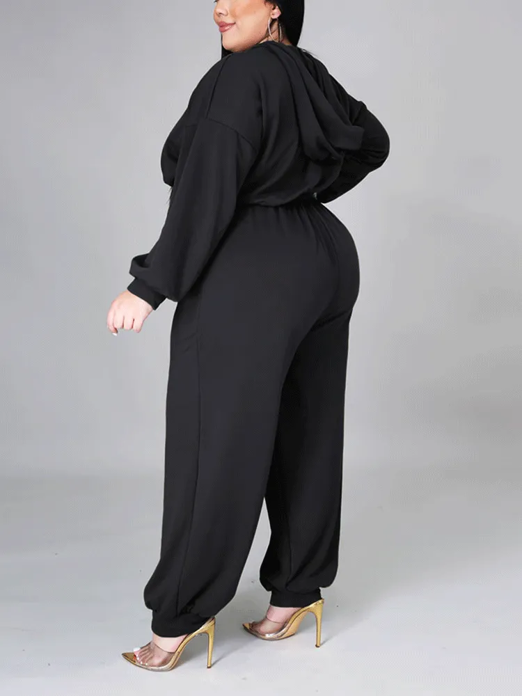 Zipper Solid Hoodie Jumpsuit