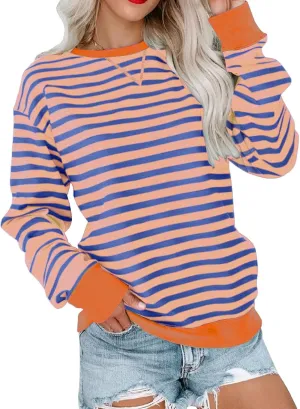 ZWRXW Sweatshirts for Women Striped Color Block Sweatshirt Casual Crew Neck Long Sleeve Shirts Pullover Tunic Top Y2K Clothes
